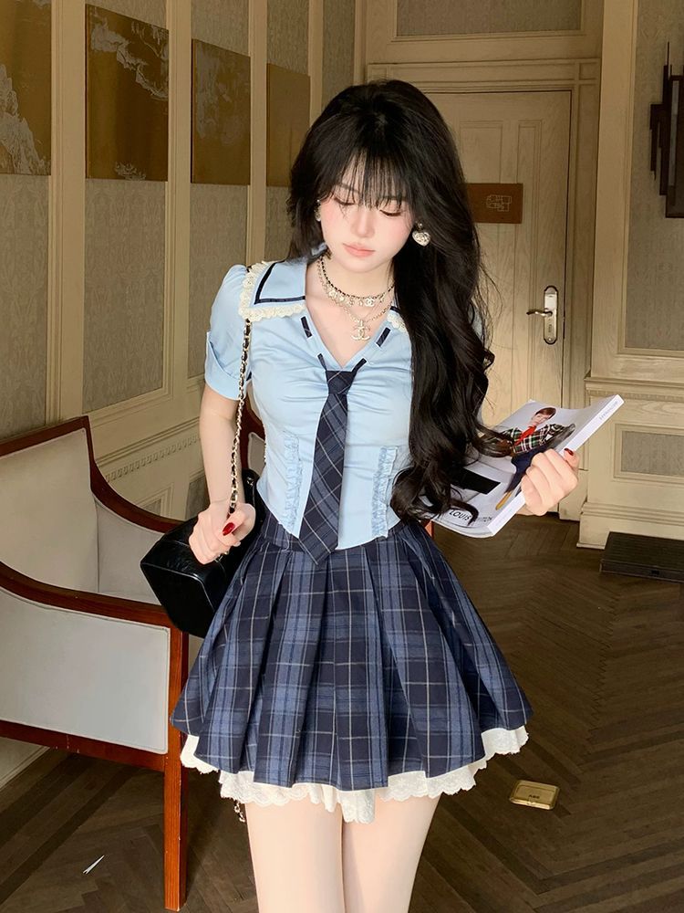 Summer New Preppy Y2K 2 Piece  - Elastic Lace Trim ulasan dan harga